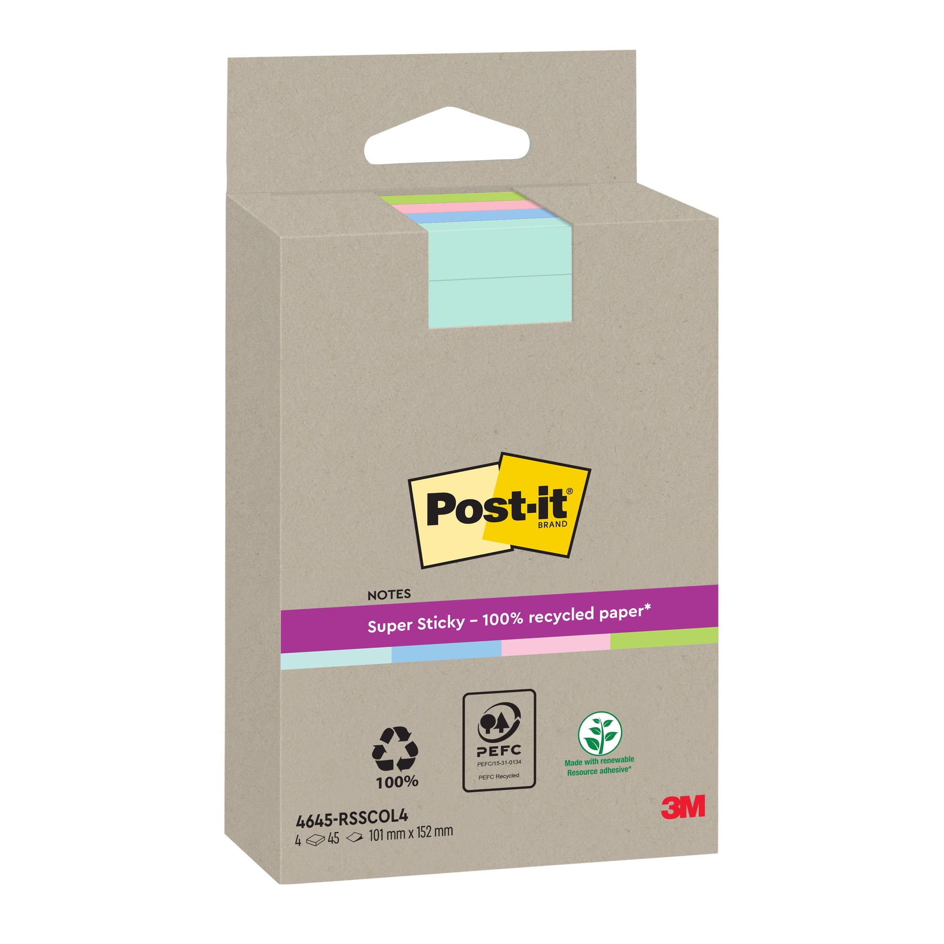 Eine Packung Post-it® Super Sticky 100% Recycling Notes, liniert, sortierte Farben, 102x152mm, 45 Blatt/Block, 4 Blöcke/Packung (PEFC-zertifiziert: SGSCH-PEFC-COC-110078) von 3M Deutschland GmbH.