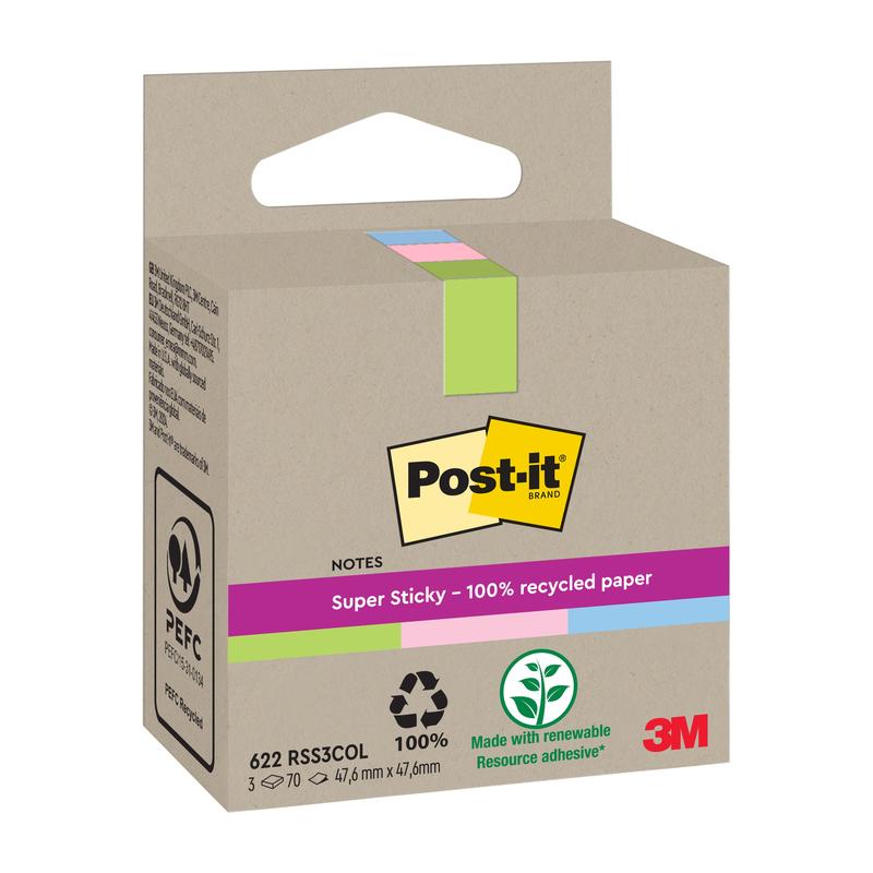 A package of Post-it® Super Sticky 100% Recycled Notes (47.6x47.6 mm, 70 sheets/block, 100% PEFC) from 3M Deutschland GmbH in a brown box with recycling symbols and colorful accents - eco-friendly sticky notes.