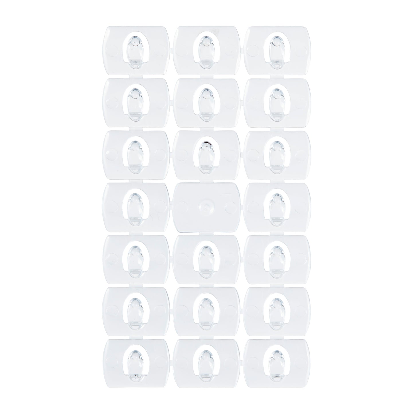 Ein Satz von vierundzwanzig Command™ Dekorations-Clips, transparent, von 3M Deutschland GmbH, jeweils mit einer rechteckigen klaren Rückseite und transparenten Streifen, angeordnet in einem 4x6-Raster auf weißem Hintergrund.