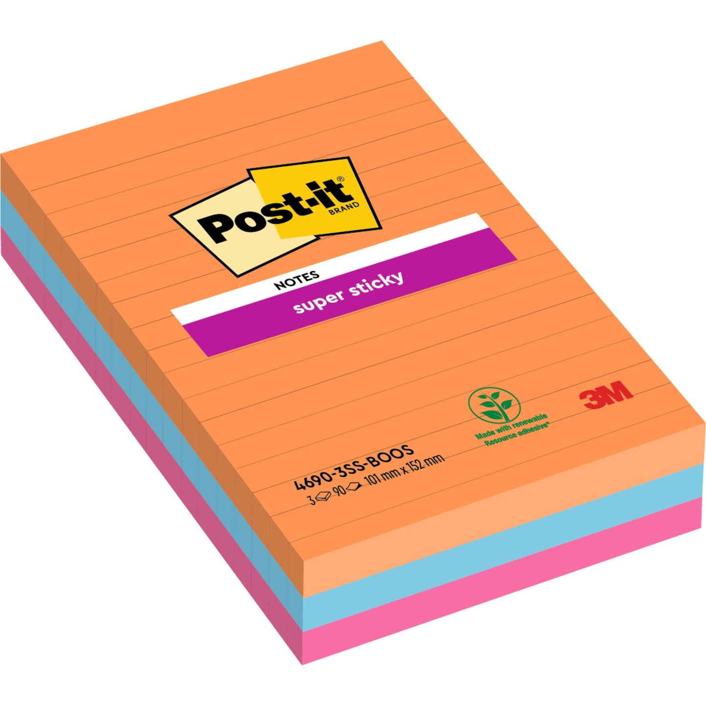 Ein Stapel großer, linierter Post-it® Super Sticky Notes (101 mm x 152 mm, 90 Blatt/Block, 100% PEFC) in den Farben Orange, Pink und Blau von 3M Deutschland GmbH.