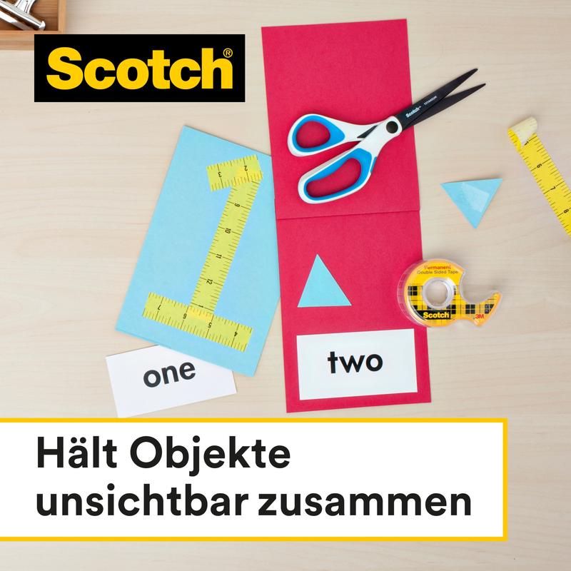 Scissors, a yellow ruler, and colored paper with shapes lie on a light wood surface next to the Scotch® double-sided tape (12.7 mm x 7.89 m) with dispenser from 3M. In German it says: "Holds objects invisibly together.