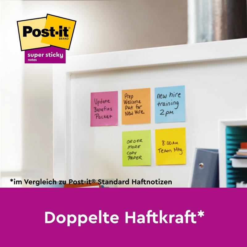 Six colorful Post-it® Super Sticky 100% Recycled Notes (76 mm x 76 mm, 70 sheets/block, 100% PEFC) from 3M Deutschland GmbH with handwritten reminders are on a whiteboard. The Post-it logo is visible in the top left, below it says "Double the sticking power*".