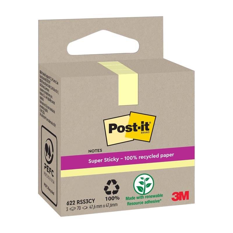 A beige box of Post-it® Super Sticky 100% Recycled Notes (47.6 x 47.6 mm, 70 sheets/block, PEFC) from 3M Deutschland GmbH is adorned with eco-friendly symbols and "100% recycled paper" - perfect eco-friendly sticky notes.