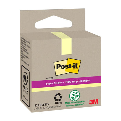 A beige box of Post-it® Super Sticky 100% Recycled Notes (47.6 x 47.6 mm, 70 sheets/block, PEFC) from 3M Deutschland GmbH is adorned with eco-friendly symbols and "100% recycled paper" - perfect eco-friendly sticky notes.