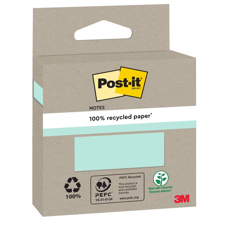 A pack of Post-it® Recycling Notes (76 mm x 76 mm, 100 sheets/block, 100% PEFC) by 3M Deutschland GmbH is depicted in a brown box with eco-friendly logos and a cutout with light green notes inside.