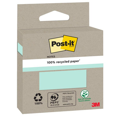 A pack of Post-it® Recycling Notes (76 mm x 76 mm, 100 sheets/block, 100% PEFC) by 3M Deutschland GmbH is depicted in a brown box with eco-friendly logos and a cutout with light green notes inside.