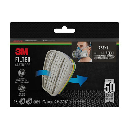 A 3M™ Filter Cartridge 6059, ABEK1 Combination Filter (1 Pair/Pack) from 3M Deutschland GmbH is depicted with a product image, model number, a person wearing a respirator, and over 50 years of respiratory protection experience on the packaging.