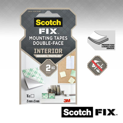 Packaging of 3M Germany GmbH Scotch-FIX™ Double-Sided Indoor Mounting Squares 4496-ST16-P (25 mm x 25 mm, 16 pieces), shows tape squares in use, product details, and features like premium foam and strong adhesive power.