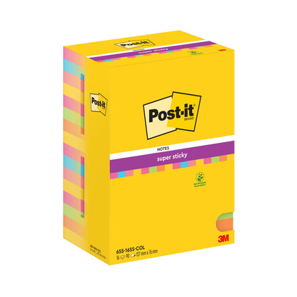 Eine Packung mit 16 Post-it® Super Sticky Notes von 3M Deutschland GmbH, jeweils in verschiedenen Farben, Größe 76 mm x 127 mm, mit 90 Blatt pro Block. Hergestellt aus 100% PEFC-zertifiziertem Papier (SGSCH-PEFC-COC-110078).