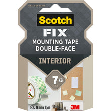 Eine Packung Scotch-FIX™ Doppelseitiges Innenmontageband von 3M Deutschland GmbH, trägt bis zu 7 kg, Rollengröße 19 mm x 1,5 m. Die Vorderseite zeigt Klebeband, Schreibtischartikel, eine Pinnwand und das 3M-Logo.