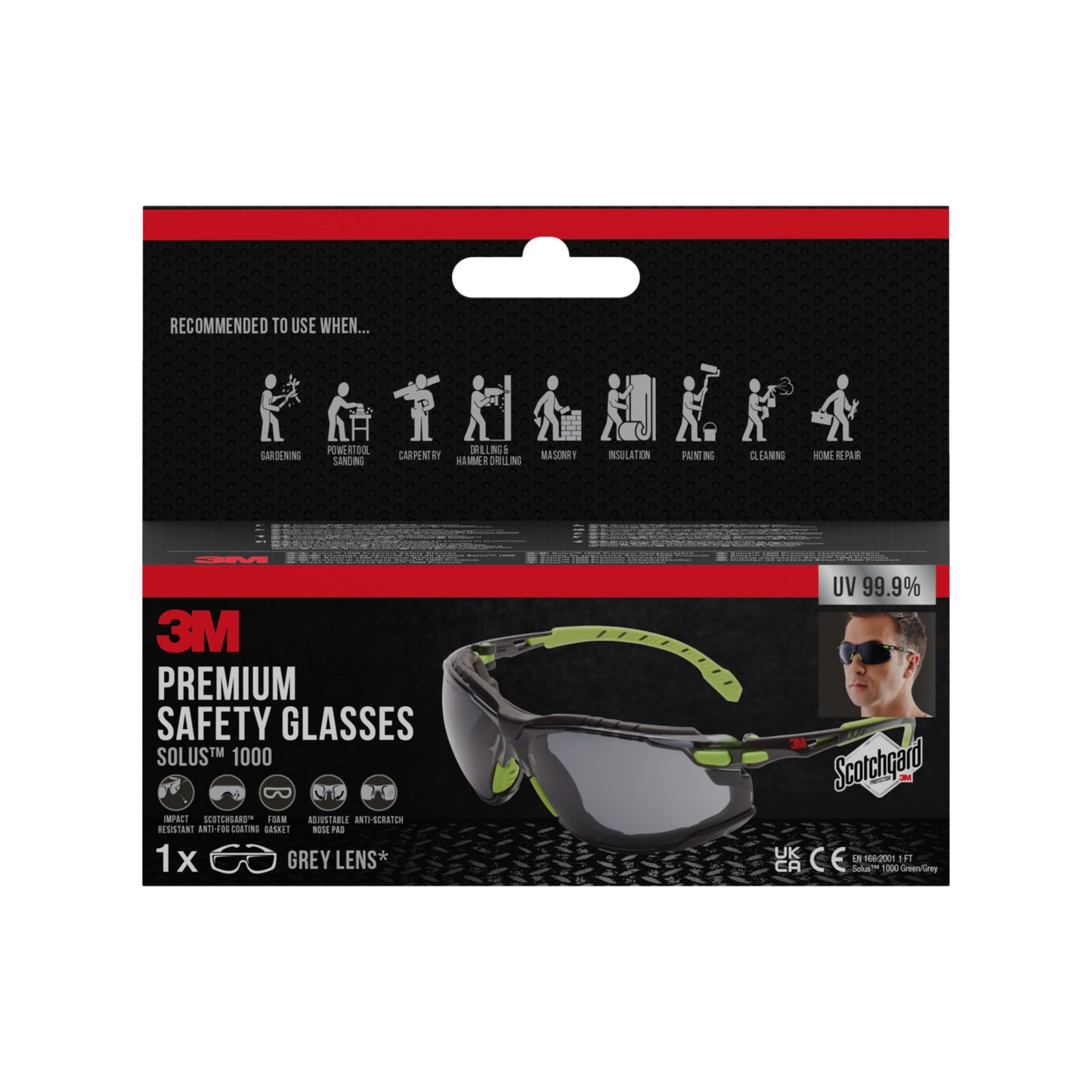 Ein Paket 3M™ Solus™ Schutzbrille 1000 von 3M Deutschland GmbH in Grün/Schwarz mit grauem Glas, bietet UV 99,9% Schutz und Scotchgard™ Antibeschlag-Beschichtung, mit aufsteckbarer Schaumstoffdichtung für erhöhten Komfort.