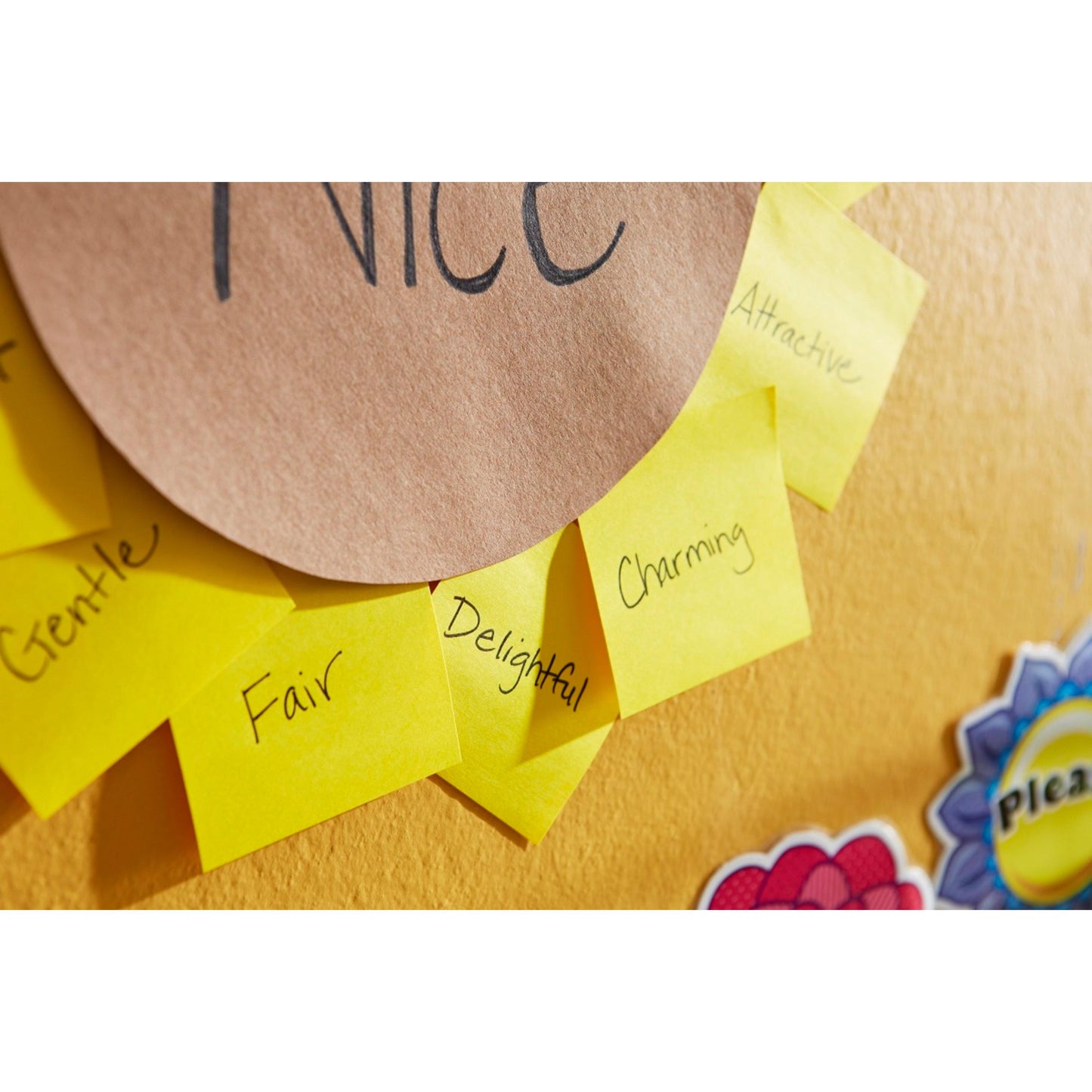 Gelbe Post-it® Super Sticky Z-Zettel (76x76 mm, 90 Blatt, von 3M Deutschland GmbH) mit handgeschriebenen Wörtern wie "Fair" und "Charmant" sind kreisförmig auf einer Wand um ein braunes Papier mit der Aufschrift "Nice" angeordnet.