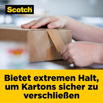 A person seals a brown box with Scotch® Box Lock™ Paper Packaging Tape (48 mm x 22.8 m, 1 roll) from 3M Deutschland GmbH; the German text highlights the strong hold for secure box closures on a yellow background.