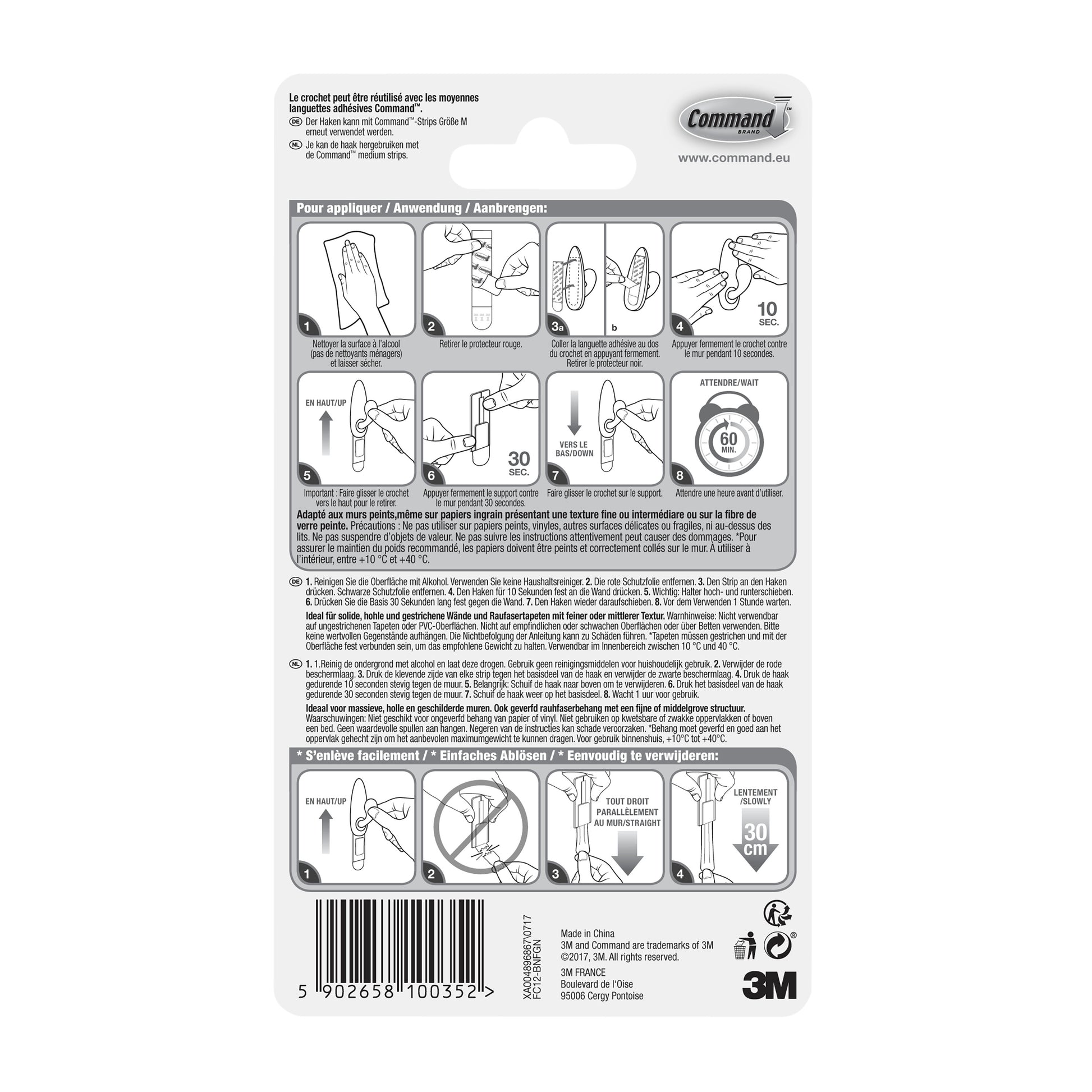 Rückseite der Command™ Metallhaken "klassisch" (3M Deutschland GmbH) Verpackung mit bebilderter, mehrsprachiger Anwendungs- und Entfernungsanleitung sowie einem Barcode am Boden.