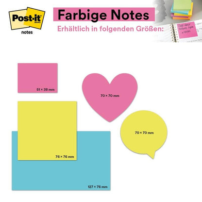 The image shows the Post-it® Notes Energetic Collection (38 mm x 51 mm, 100 sheets/block, 12 blocks), colorful and in various shapes like square, rectangle, heart, circle, and speech bubble from 3M Deutschland GmbH for office organization.