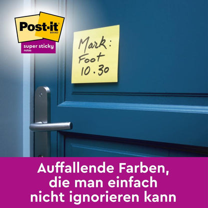 A yellow Post-it® Super Sticky Note (47.6 mm x 47.6 mm, 90 sheets/block) from 3M Deutschland GmbH is attached near a blue door handle. The note reads "Mark: Foot 10.30". The logo is visible at the top, with German text about striking colors below.