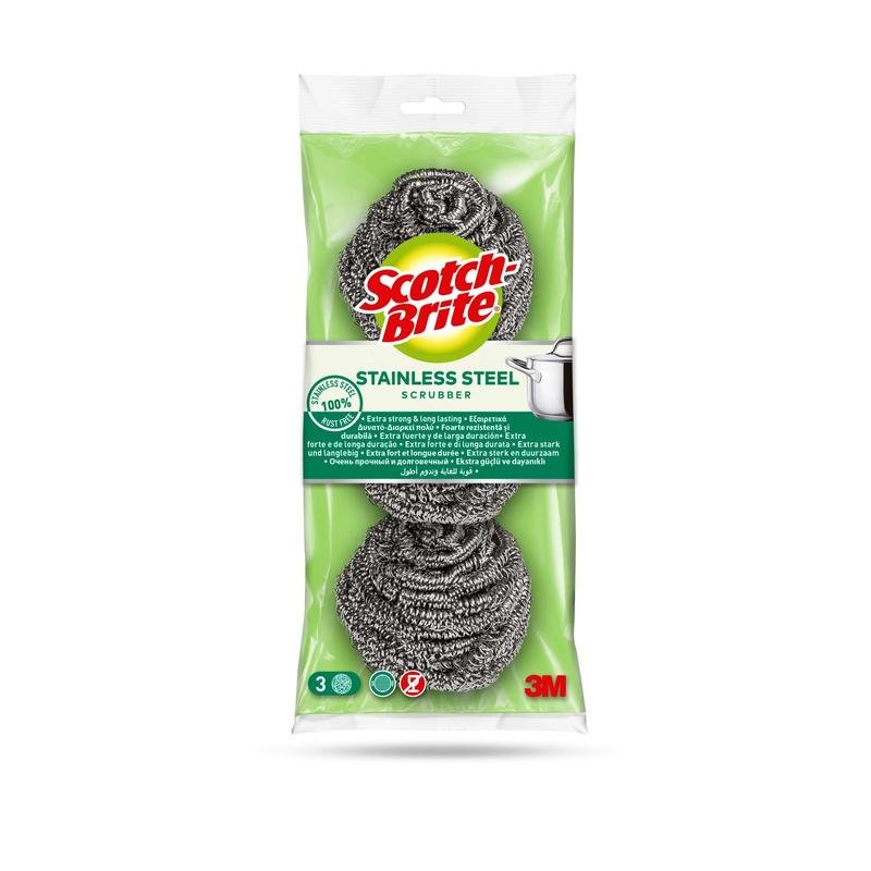 A pack of Scotch-Brite® stainless steel spiral scrubbers from 3M Deutschland GmbH, containing 3 pieces. The green-and-clear packaging features the scrubbers, the brand name, product information, and a pot graphic, and is ideal for kitchen cleaning and removing stubborn dirt.