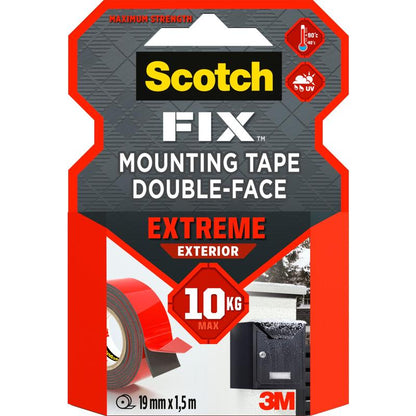 A package of Scotch-FIX™ Extreme double-sided outdoor mounting tape from 3M Deutschland GmbH, with maximum strength, 10 kg load capacity, UV resistance, size 19 mm x 1.5 m, ideal for outdoor use.