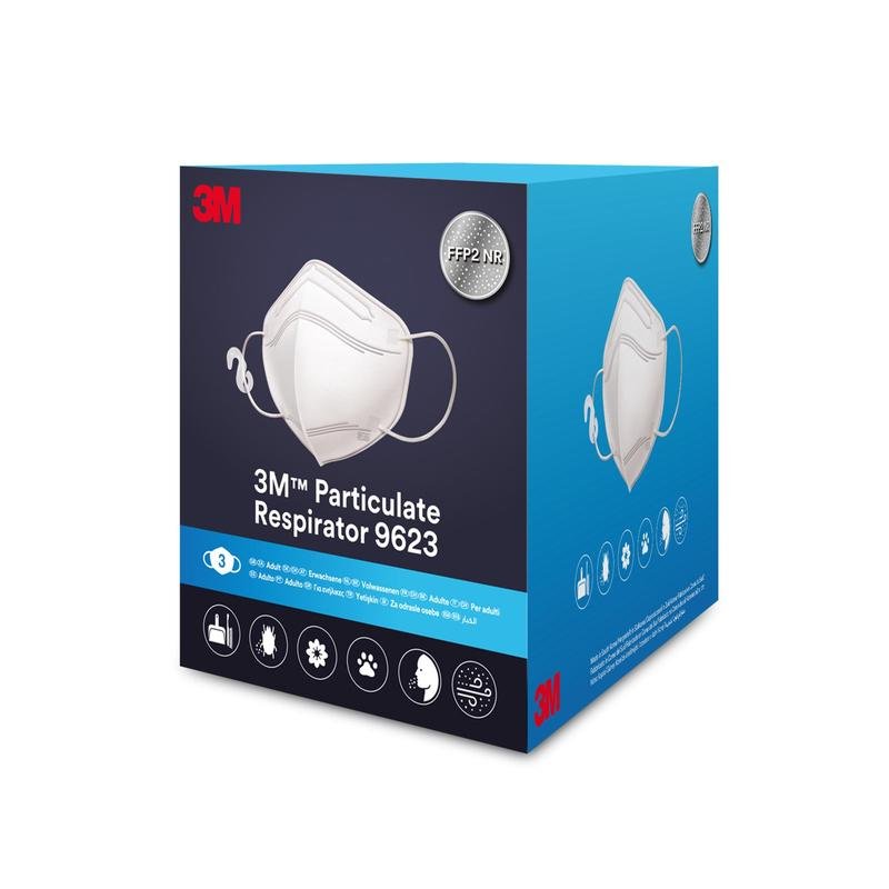 A blue-white box of the 3M™ Particle Mask 9623, 3/Package from 3M Deutschland GmbH is depicted with images of the mask and symbols for protection against particles, making it ideal as a dust mask in various environments.