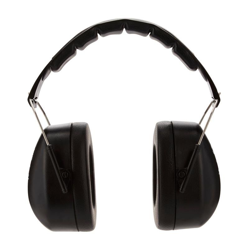 Der 3M™ Kapselgehörschützer mit faltbarem Kopfbügel 90563E von 3M Deutschland GmbH (Schwarz, SNR-Wert 30 dB) bietet zuverlässigen Gehörschutz. Zu sehen ist ein Paar mit gepolsterten Ohrmuscheln vor weißem Hintergrund. Packung: 1 Stück.