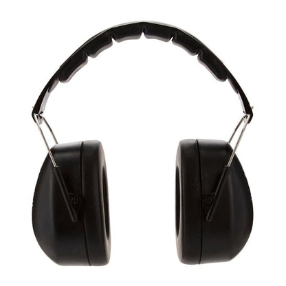 Der 3M™ Kapselgehörschützer mit faltbarem Kopfbügel 90563E von 3M Deutschland GmbH (Schwarz, SNR-Wert 30 dB) bietet zuverlässigen Gehörschutz. Zu sehen ist ein Paar mit gepolsterten Ohrmuscheln vor weißem Hintergrund. Packung: 1 Stück.