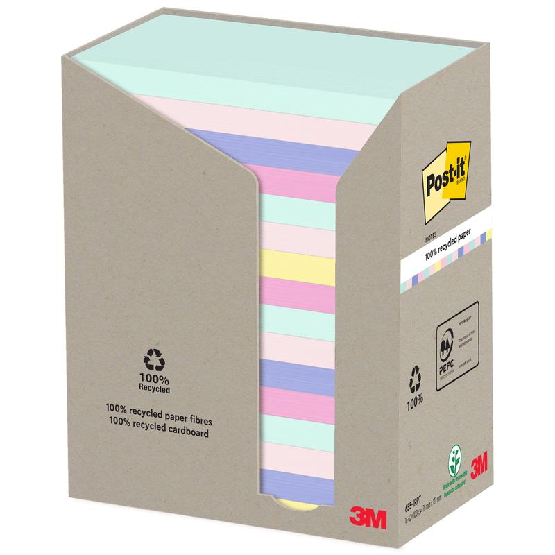 A box of Post-it® Recycling Notes (76 mm x 127 mm, 100 sheets/block, 100% PEFC) from 3M Deutschland GmbH contains pastel-colored, lined notes and displays the Post-it logo with recycling symbols on the front.