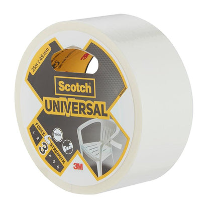 Eine Rolle Scotch® Universal Klebeband 2904 (25 m x 48 mm) von 3M Deutschland GmbH, mit weißer Beschriftung, mittlerer Stärke (3/6) und einer Verpackung mit weißem Kunststoffstuhlbild.