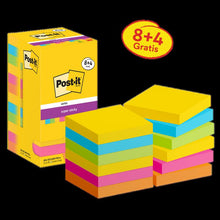Post-it® Super Sticky Notes, Carnival Collection, 76 mm x 76 mm, Promotion, 90 Blatt/Block, 8 Blöcke + 4 Gratis/Packung, Kartonverpackung, 100% PEFC, SGSCH-PEFC-COC-110078 | Packung (12 Stück)