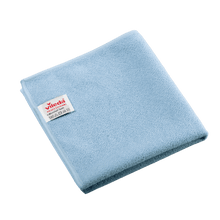 Folded blue Vileda Professional r-MicroTuff Swift microfiber cloth with a sewn-in white label bearing the brand name and care symbols.