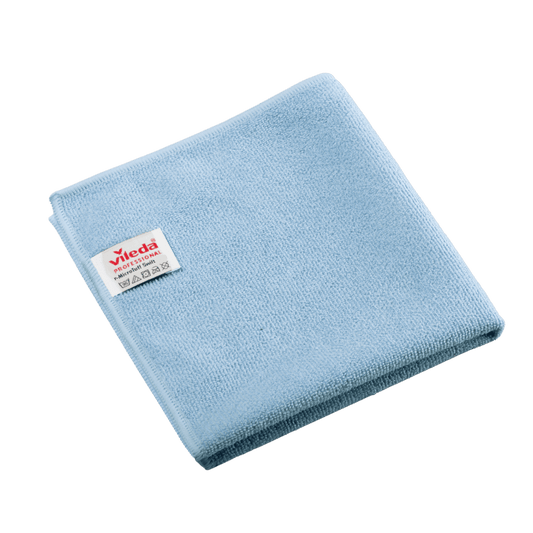 Folded blue Vileda Professional r-MicroTuff Swift microfiber cloth with a sewn-in white label bearing the brand name and care symbols.