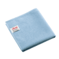 Folded blue Vileda Professional r-MicroTuff Swift microfiber cloth with a sewn-in white label bearing the brand name and care symbols.