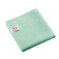 Folded green Vileda Professional r-MicroTuff Swift microfiber cloth with a sewn-in white label.