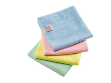 Four stacked Vileda Professional r-MicroTuff Swift microfiber cloths in blue, red, yellow, and green.