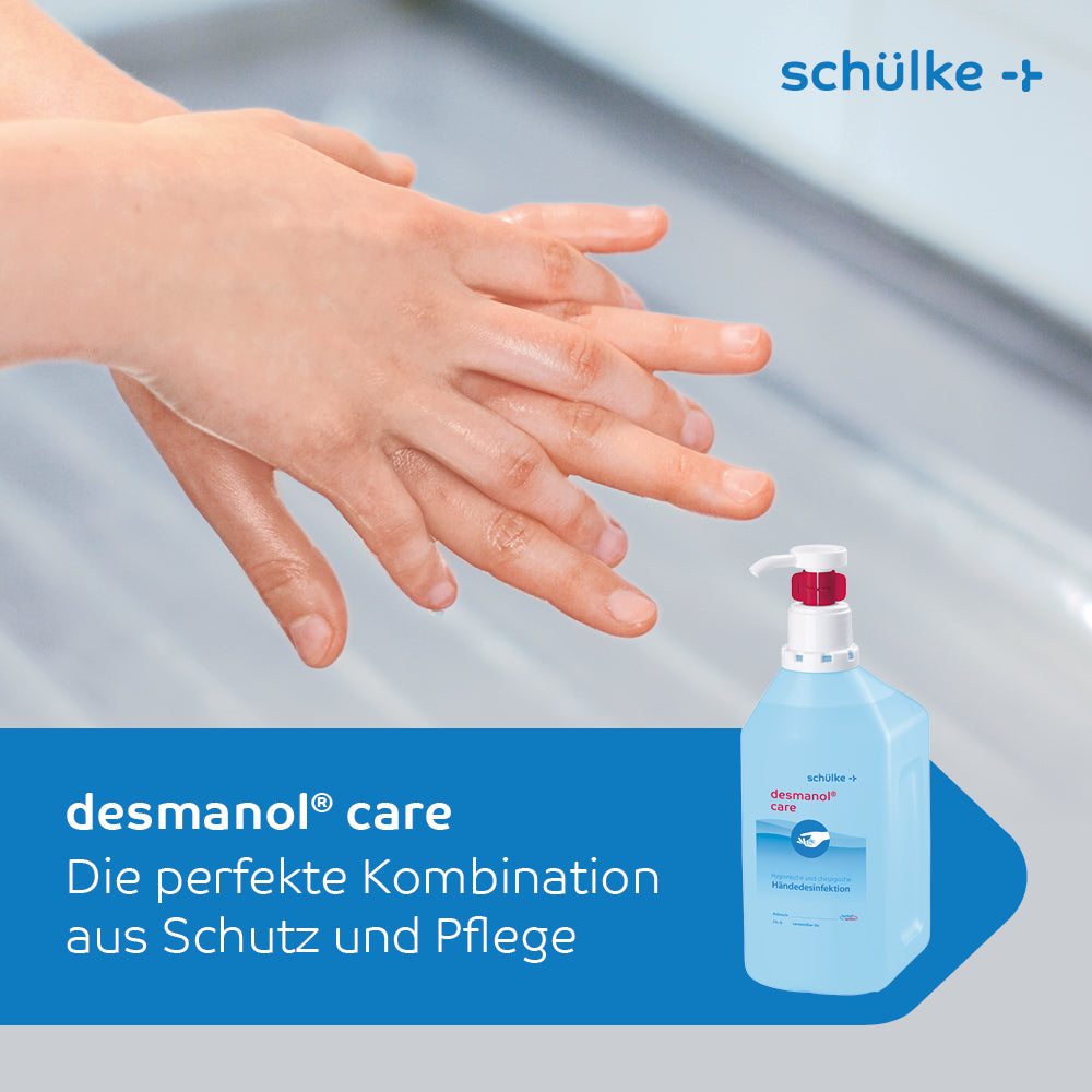 A hand wash with a pump and liquid using Schülke desmanol® care hand disinfectant from Schülke & Mayr GmbH.