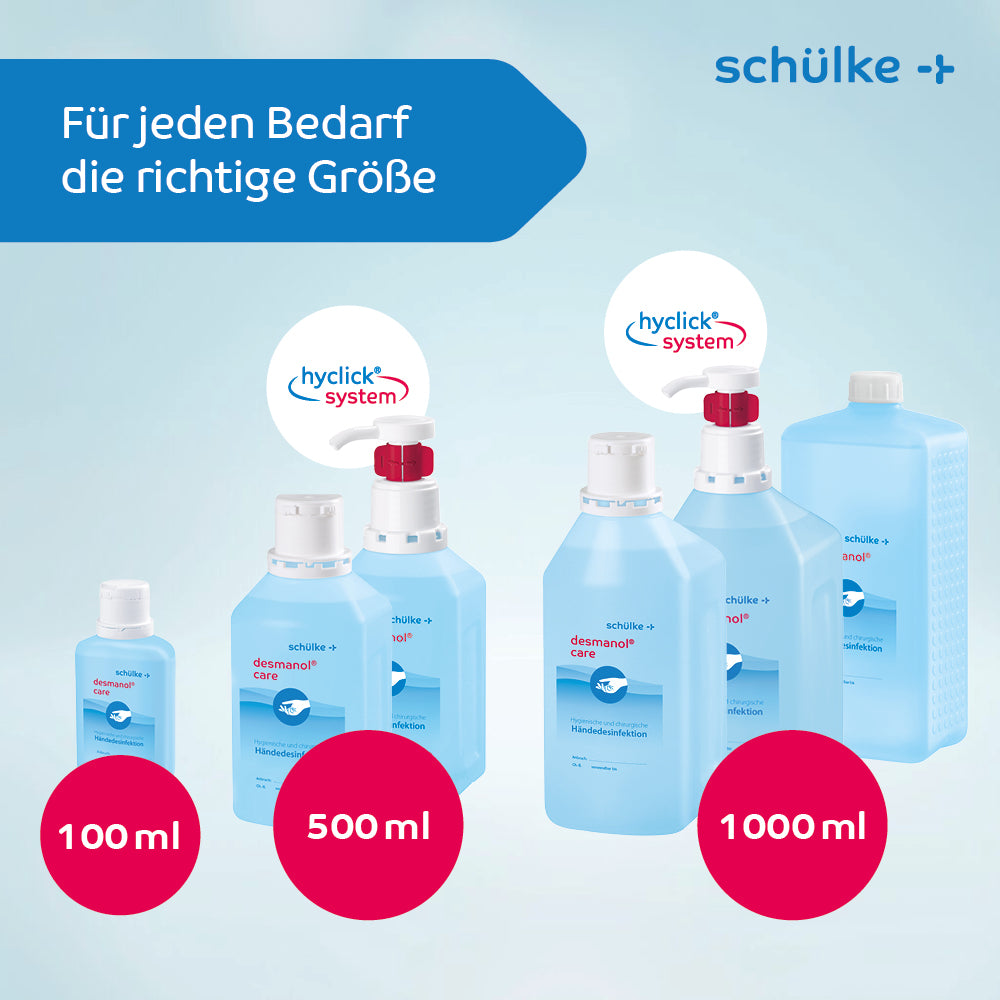 A group of plastic bottles with red and white labels offers Schülke desmanol® care hand disinfectant from Schülke & Mayr GmbH.