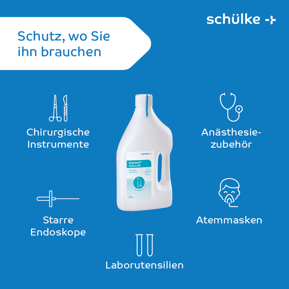 An image of a white bottle of Schülke gigasept® instru AF instrument disinfectant (aldehyde-free) with the brand name "Schülke & Mayr GmbH" on a blue background. Surrounding the bottle are symbols for surgical instruments, anesthesia accessories, breathing masks, rigid endoscopes, and laboratory utensils. The text reads "Protection where you need it." Endoscope cleaning made easy.