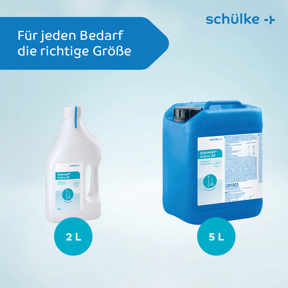 The image shows two containers of Schülke gigasept® instru AF instrument disinfectant (aldehyde-free) with the Schülke & Mayr GmbH logo. The left container, ideal for endoscope cleaning, holds 2 liters and is white with a blue label, while the right container holds 5 liters and is blue with a white label. Both are set against a light blue background. The text reads "The right size for every need."