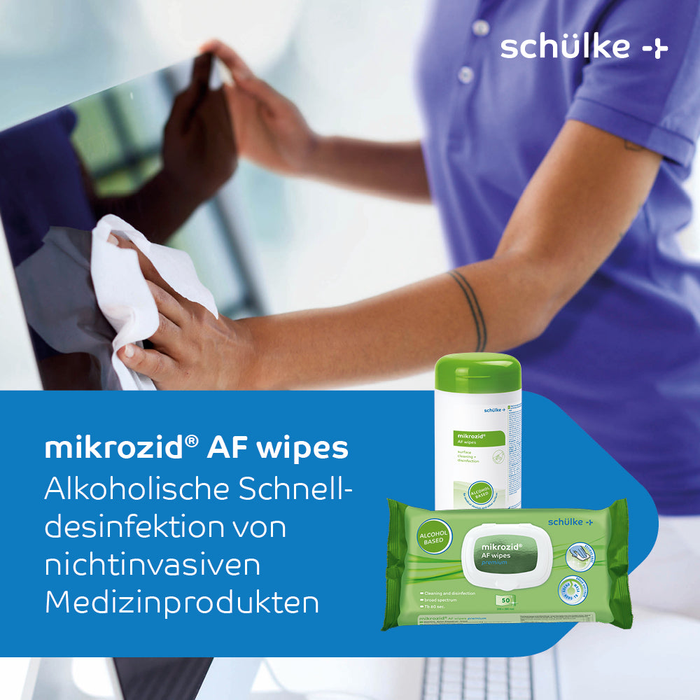 Eine Person mit blauen Handschuhen benutzt Schülke Mikrozid AF Wipes Premium Desinfektionstücher - 50 Tücher | Packung (50 Tücher) zur Desinfektion einer Oberfläche. Die Bildhighlights Schülke Mikrozid AF Wipes premium Desinfektionstücher - 50 Tücher | Packung (50 Tücher) von Schülke & Mayr GmbH, die ihre Rolle bei der Schnelldesinfektion von nicht-invasiven Medizinprodukten hervorhebt. Auch die Produktverpackung ist sichtbar.