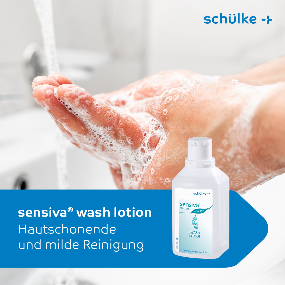 A person washes their hands with white foam. In the foreground is a bottle of Schülke Sensiva® wash lotion, which is dye and fragrance-free. The text reads "Schülke Sensiva® wash lotion skin-friendly and mild cleansing." In the upper right corner, the logo of Schülke & Mayr GmbH is visible.