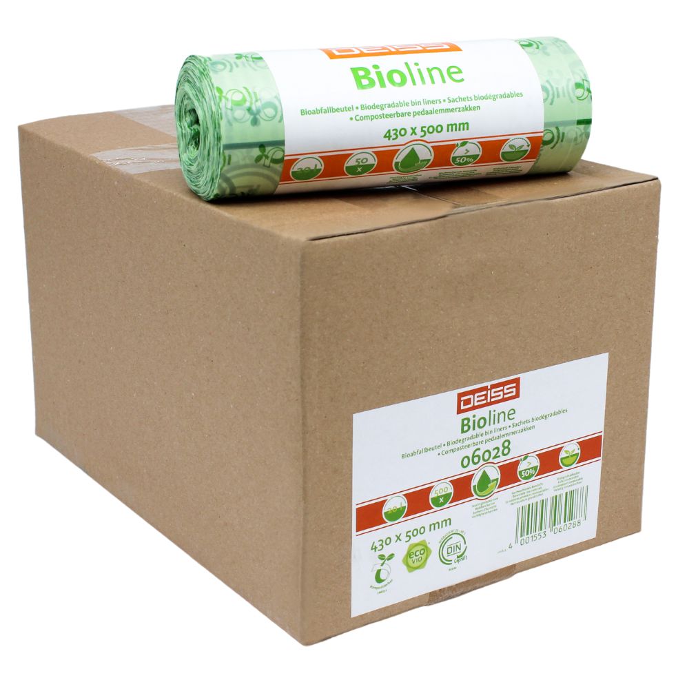 Ein Karton mit der Aufschrift „EMIL DEISS KG (GmbH + Co.)“ und einer Rolle grüner, 100% kompostierbarer Biomüllbeutel darauf. Die Beutel sind mit „430 x 500 mm“ angegeben, was ihre Abmessungen widerspiegelt. Beide Artikel werden auf einem schlichten weißen Hintergrund präsentiert.