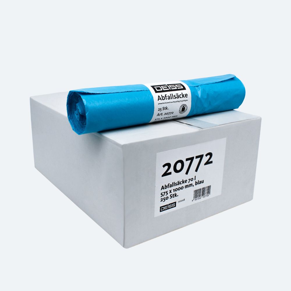 On a white box with the inscription "20772" lies a roll of blue garbage bags, known for their tear resistance. The box contains 25 garbage bags from the DEISS LDPE garbage bag Type 60 collection with dimensions 575 x 1100 mm. The label shows the brand name "EMIL DEISS KG (GmbH + Co.)".