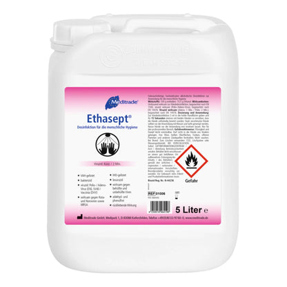 Ein 5-Liter-Kanister aus weißem Kunststoff mit Meditrade Ethasept® Händedesinfektionsmittel mit Etiketten in deutscher Sprache. Zu den Merkmalen gehören rote Warnsymbole für Entflammbarkeit und Gesundheitsgefahren sowie