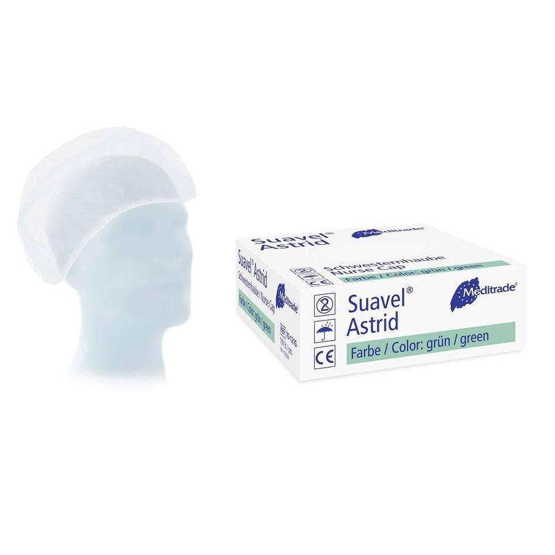 A mannequin head with a white surgical cap next to a box of surgical caps "Meditrade Suavel® Astrid nurse cap", isolated on a white hospital background.