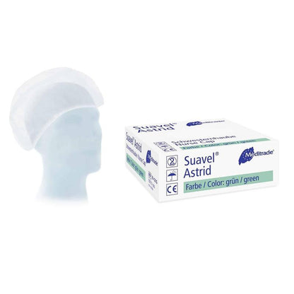 A mannequin head with a white surgical cap next to a box of surgical caps "Meditrade Suavel® Astrid nurse cap", isolated on a white hospital background.