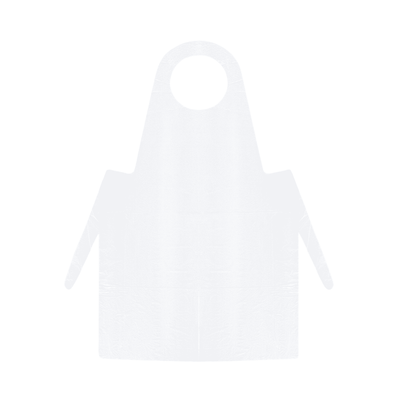 Eine einfache, schlichte weiße Schürze aus LDPE ohne Muster oder Logos, abgebildet in der Vorderansicht. Die Meditrade PE Einmalschürze (weiß) - 100 Stück verfügt über eine Halsschlaufe und zwei lange Bänder in der Taille.