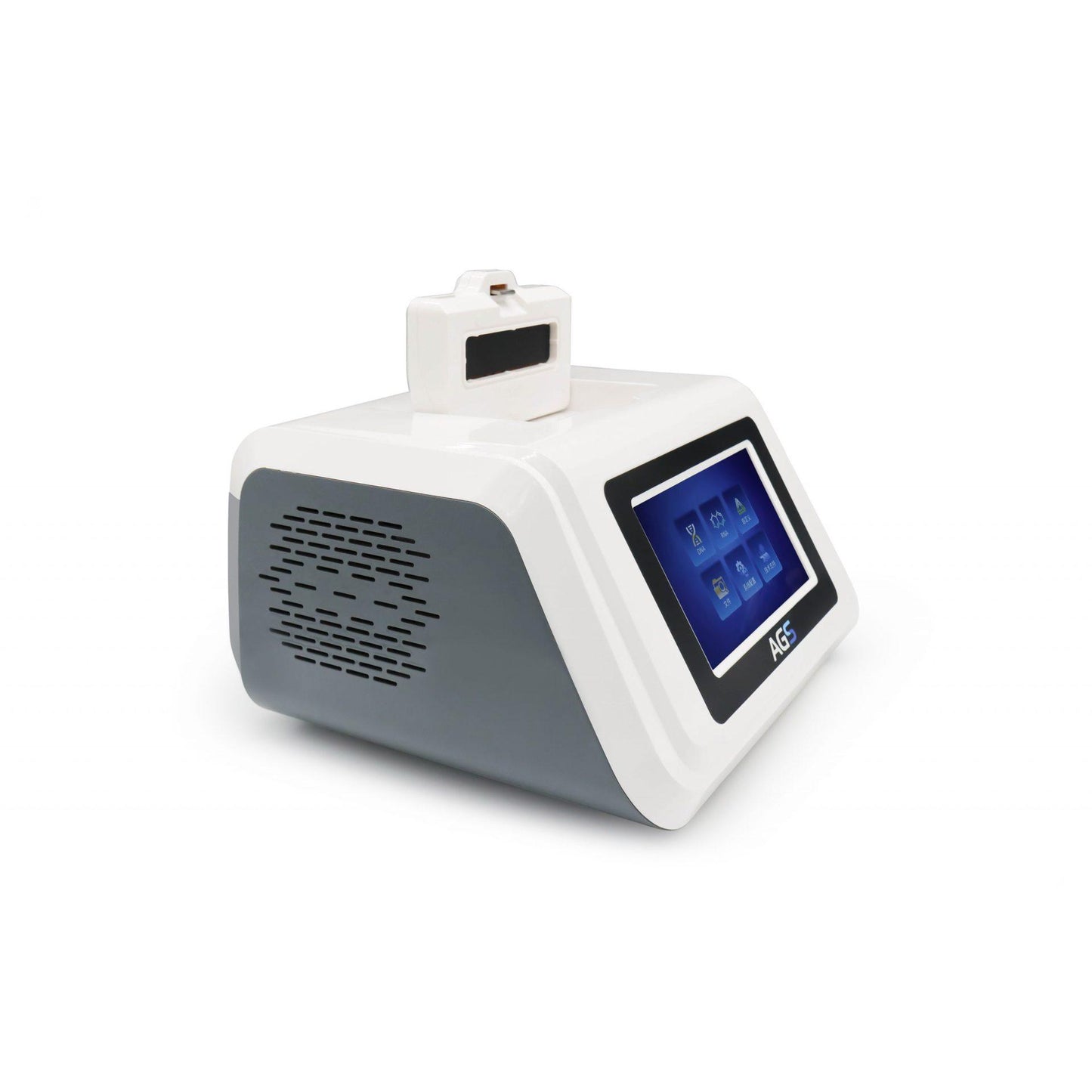 Ein modernes tragbares Altruan PCR Pure Kit – Gerät mit kompletter Ausstattung mit digitaler Touchscreen-Schnittstelle und angeschlossenem Sensor, konzipiert für diagnostische Zwecke, isoliert auf weißem Hintergrund.