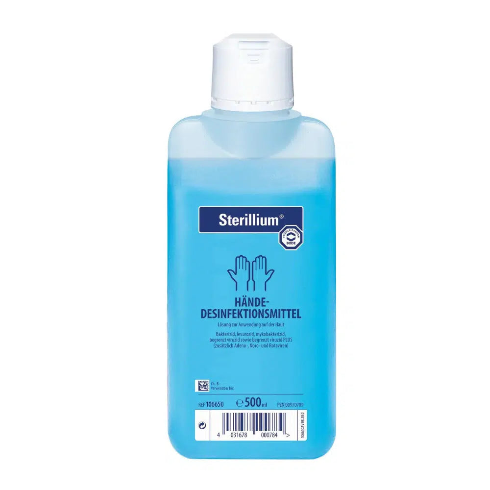 A bottle of Sterillium® hand disinfectant from Paul Hartmann AG with a blue label and white cap contains 500 ml of antibacterial liquid. The label is in German and indicates that it is a hand disinfectant.